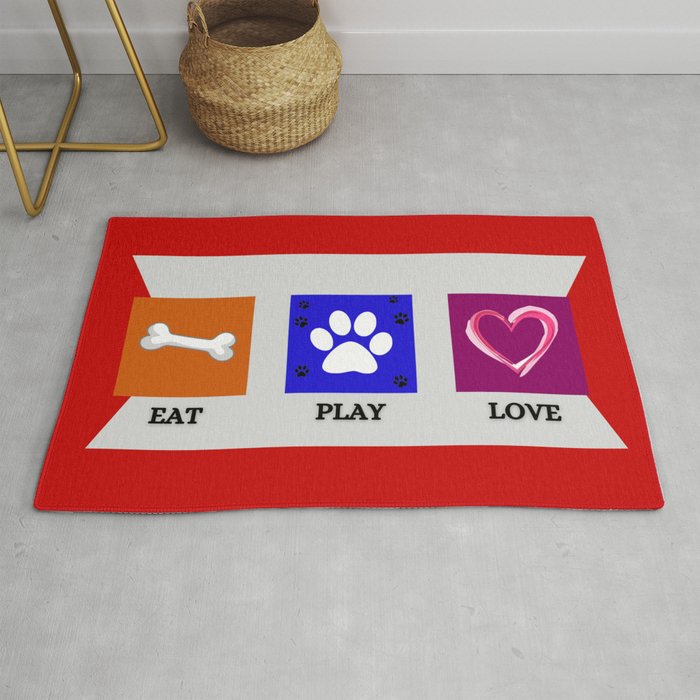 Eat play love for dogs mat and art pets motif in red with black lettering landscape format Rug