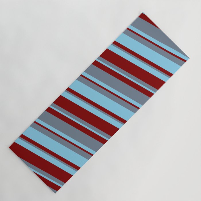 Slate Gray, Sky Blue & Maroon Colored Lined/Striped Pattern Yoga Mat