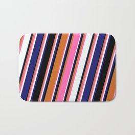[ Thumbnail: Chocolate, Hot Pink, Mint Cream, Midnight Blue & Black Colored Lines/Stripes Pattern Bath Mat ]