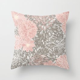 Floral Dahlias, Blush Pink, Gray, White Throw Pillow