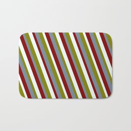 [ Thumbnail: Green, Light Slate Gray, Maroon, and Mint Cream Colored Pattern of Stripes Bath Mat ]