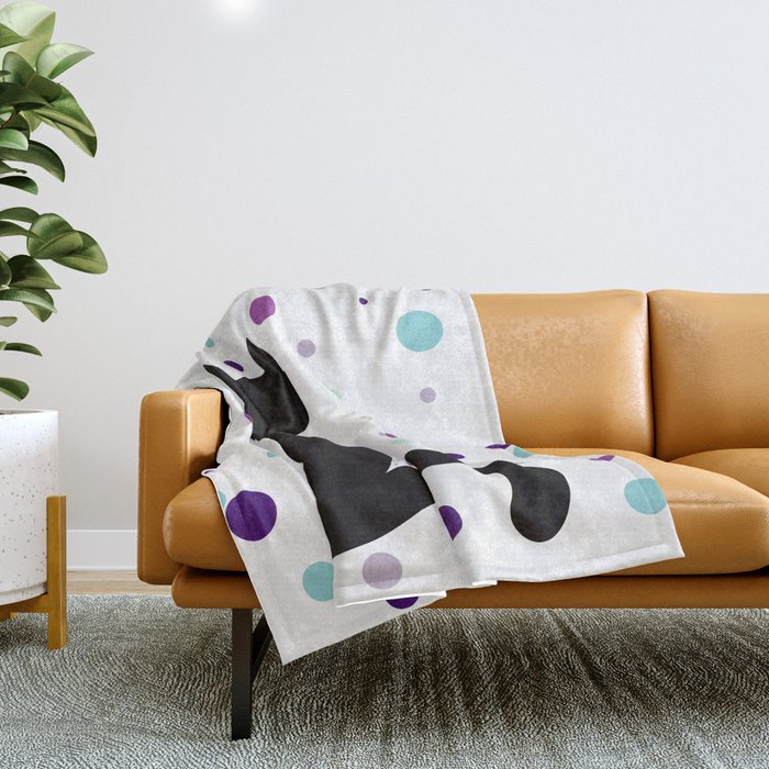 Black Cat Party! Throw Blanket | Drawing, Digital, Black-cat, Black-cat-party, Black-cat-polka-dots, Purple-and-teal, Black-cat-gifts, Cat-gifts, Cat-lover-gift, Holiday-gift