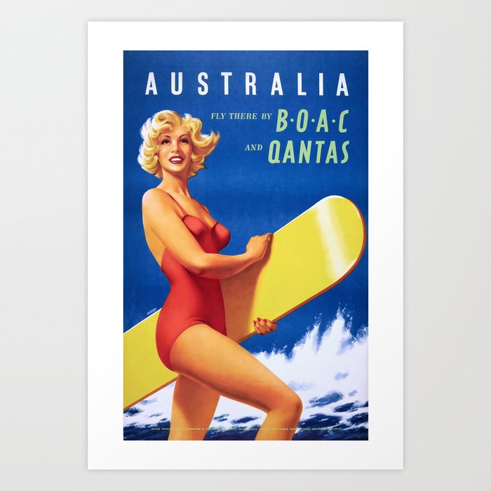 1956 Australia Fly There By BOAC And Qantas Airline Poster Art Print