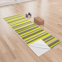 [ Thumbnail: Green, Yellow, Tan & Grey Colored Lined/Striped Pattern Yoga Towel ]