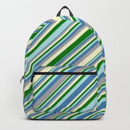 [ Thumbnail: Eye-catching Blue, Dark Gray, Light Yellow, Green, and Powder Blue Colored Lined Pattern Backpack ]