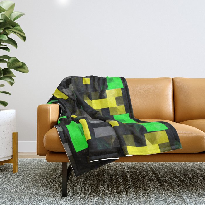 geometric pixel square pattern abstract background in yellow green black Throw Blanket