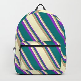[ Thumbnail: Tan, Light Yellow, Dark Orchid, and Teal Colored Stripes Pattern Backpack ]