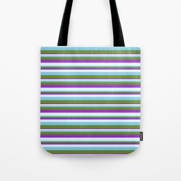 [ Thumbnail: Sky Blue, Green, Dark Orchid, and Light Cyan Colored Striped Pattern Tote Bag ]