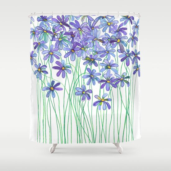 Purple Daisies in Watercolor & Colored Pencil Shower Curtain