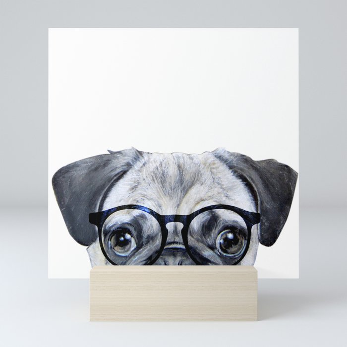 Pug With Glasses Dog Illustration Original Painting Print Mini Art Print By Miartdesigncreation Society6