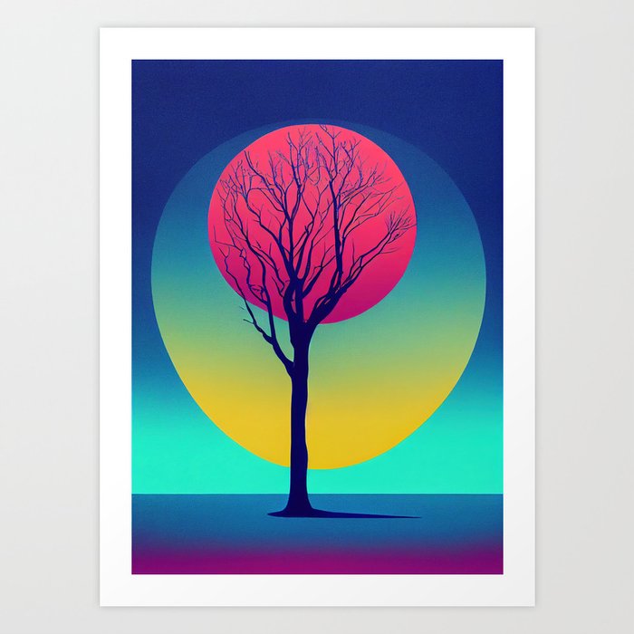 Vibrant Colored Whimsical Minimalist Lonely Tree - Abstract Minimalist Bright Colorful Nature Poster Art of a Leafless Tree Art Print