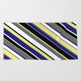 [ Thumbnail: Eye-catching Tan, Dim Gray, Midnight Blue, White, and Black Colored Pattern of Stripes Beach Towel ]