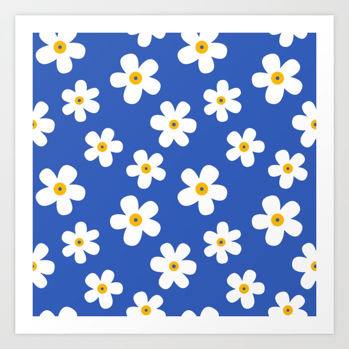 Simple one flower pattern on blue Art Print