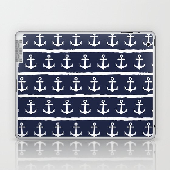 Nautical Navy Blue White Anchors Stripes Laptop & iPad Skin
