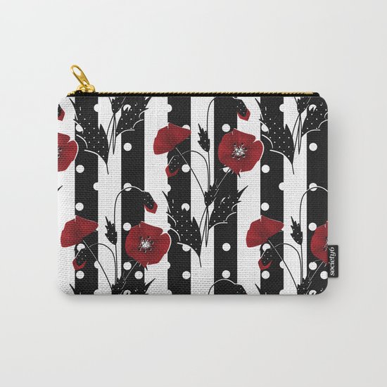 Retro. Red poppies on a black and white striped background. Carry-All Pouch