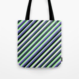 [ Thumbnail: Colorful Beige, Slate Blue, Dark Slate Gray, Black & Green Colored Lined/Striped Pattern Tote Bag ]