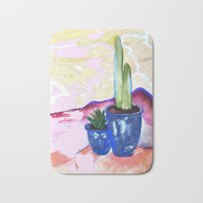Porch Cactus Vibes Watercolor Painting Mixed Media Bath Mat By