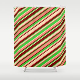 [ Thumbnail: Salmon, Maroon, Lime Green & Tan Colored Lines Pattern Shower Curtain ]