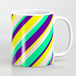 [ Thumbnail: Indigo, Yellow, Beige & Green Colored Pattern of Stripes Coffee Mug ]