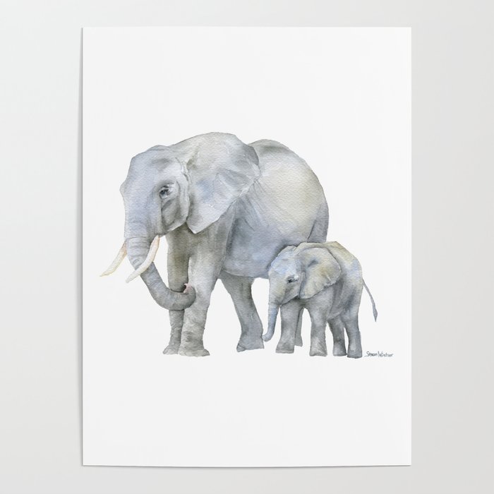 Mother and Baby Elephants Poster