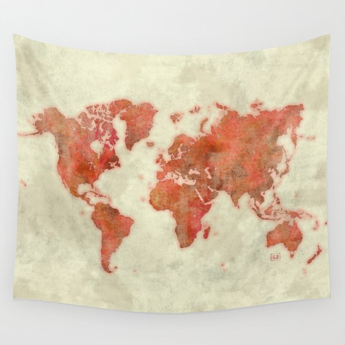 World Map Red Wall Tapestry