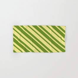[ Thumbnail: Green and Tan Colored Stripes Pattern Hand & Bath Towel ]