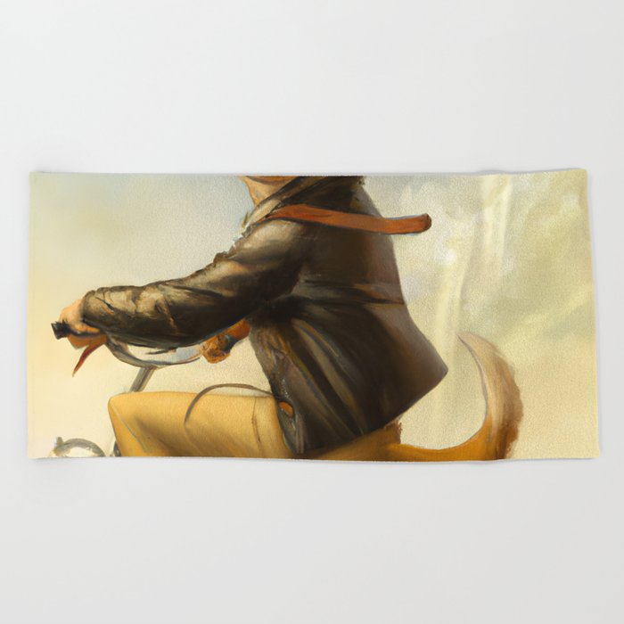 Anthropomorphic dog riding a bicycle Beach Towel