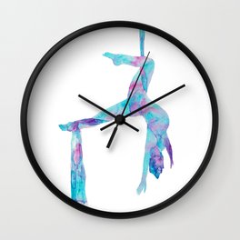 Aerial lady silky art silks yoga print watercolor painting aerialist gift drawing circus dance dancer silthouette woman gymnastics Wall Clock