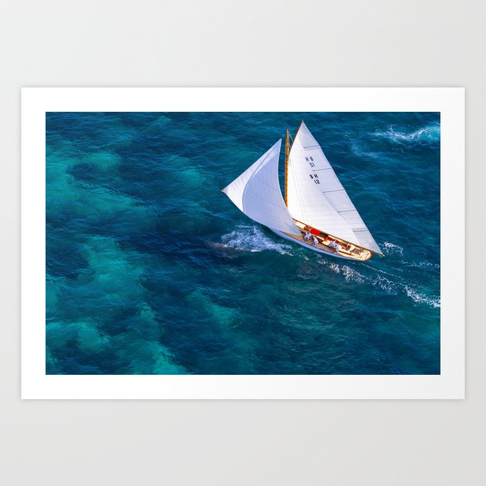 Bermuda High II landscape version; sailboat traversing ocean blue waters aerial drone seascape nautical color photograph Art Print