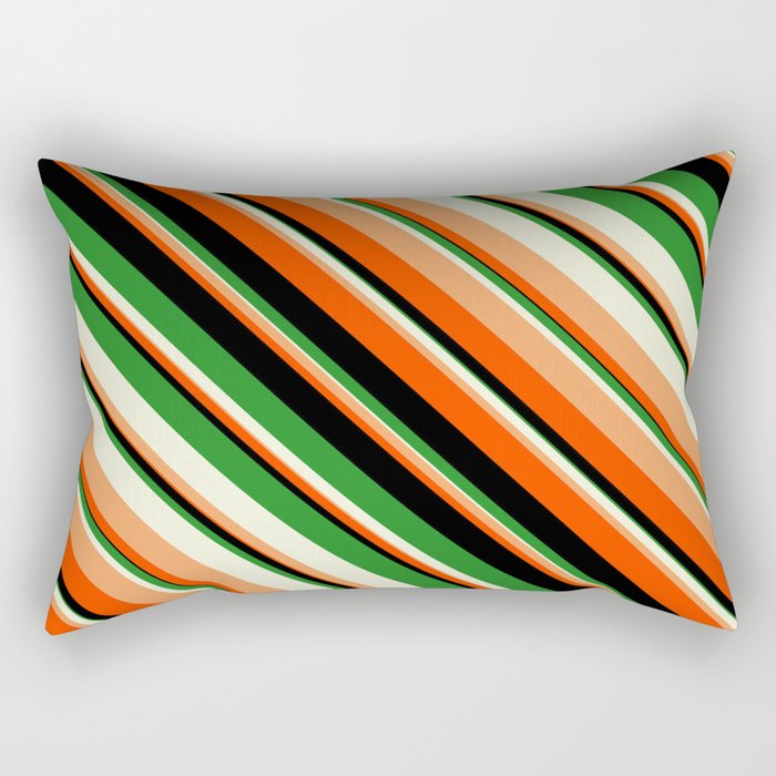 Vibrant Forest Green, Beige, Brown, Red & Black Colored Lines Pattern Rectangular Pillow