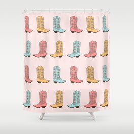 Cowgirl Boots and Daisies, Blush Pink, Mint, Cute Pastel Cowboy Pattern Shower Curtain