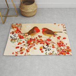 Red Gold Winter Birds Holly Berry Branches Watercolor Area & Throw Rug