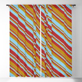 [ Thumbnail: Dark Goldenrod, Sky Blue & Red Colored Stripes Pattern Blackout Curtain ]