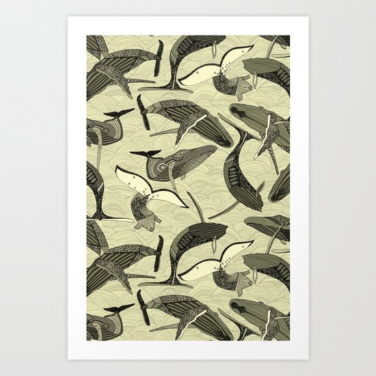 whales and waves natural Art Print