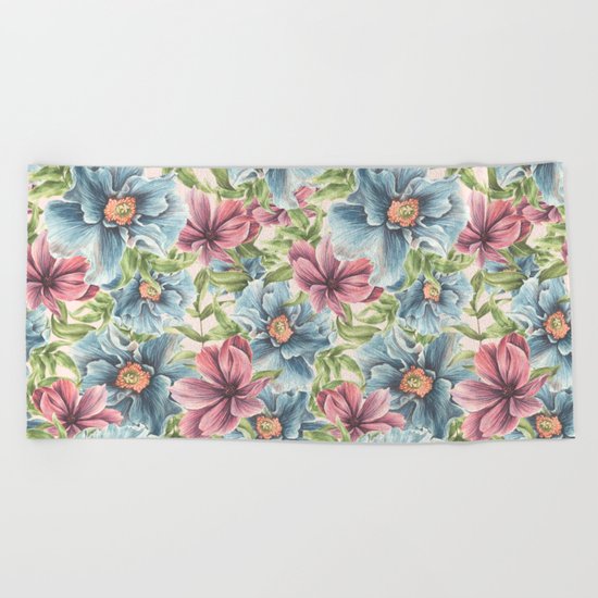 Hibiscus Vintage Pattern Beach Towel