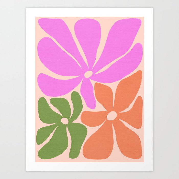 Abstract Retro Boho Floral trio 2. Green, pink on Peach Fuzz Art Print