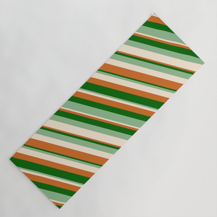 Chocolate, Dark Green, Dark Sea Green & Beige Colored Lines Pattern Yoga Mat