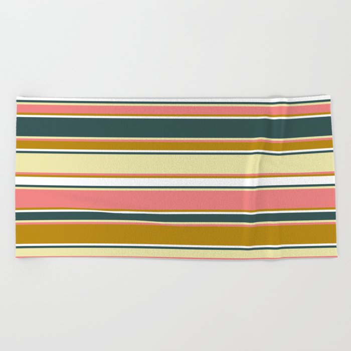 Dark Slate Gray, Pale Goldenrod, Light Coral, Dark Goldenrod, and White Colored Striped Pattern Beach Towel