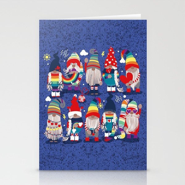 I gnome you // electric blue background little happy and lovely gnomes with rainbows vivid red hearts Stationery Cards