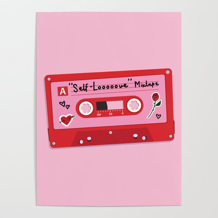 Illustration of a red plastic audio cassette tape, with a pink label that reads "Self-love" mixtape, heart and flower stickers on it. Old technology, realistic retro design, art image drawing.  Poster