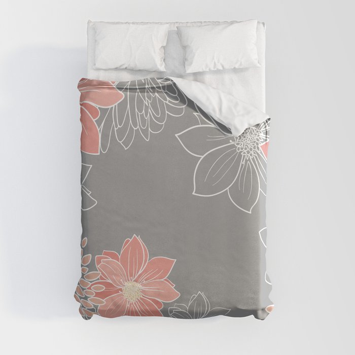 Festive, Floral Prints and Line Art, Gray and Coral Duvet Cover