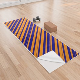 [ Thumbnail: Dark Orange and Dark Blue Colored Lined/Striped Pattern Yoga Towel ]
