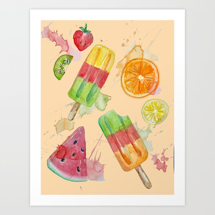 Summer Popsicle Splash- Orange Background Art Print