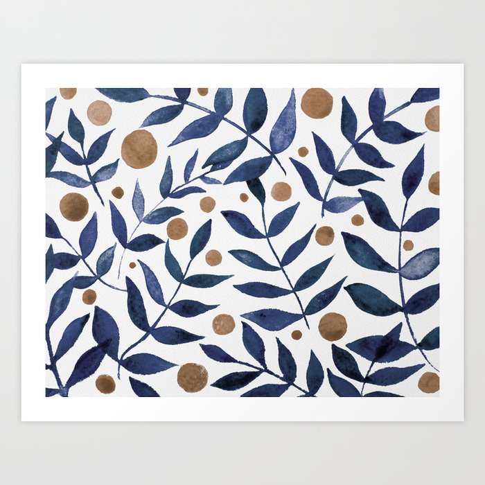 Watercolor berries and branches - indigo and beige Art Print