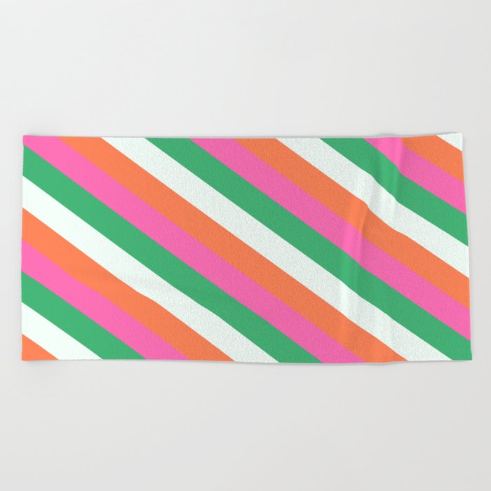 Mint Cream, Coral, Hot Pink, and Sea Green Colored Lined Pattern Beach Towel