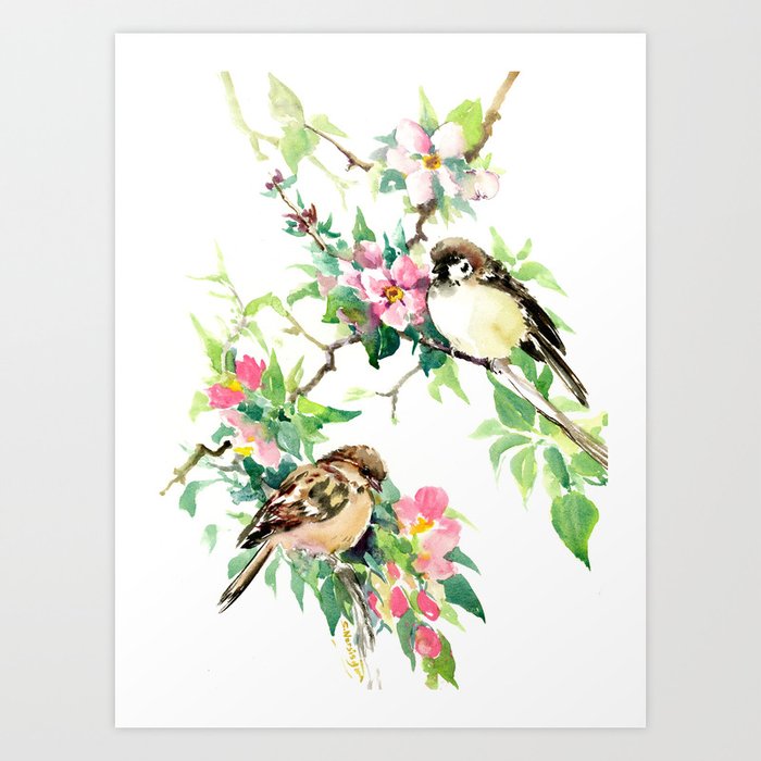 Sparrows and Apple Blossom spring floral bird art Art Print by