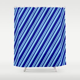 [ Thumbnail: Sky Blue and Dark Blue Colored Stripes Pattern Shower Curtain ]