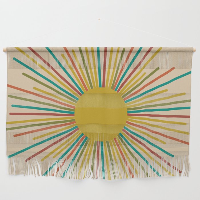 Mid-Century Modern Sunburst - Minimalist Abstract Sun in Mid Mod Mustard, Orange, Olive, Blue, and Beige Wall Hanging