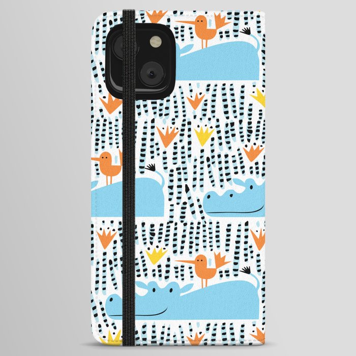 Hippos and birds in the lake seamless pattern vintage design iPhone Wallet Case