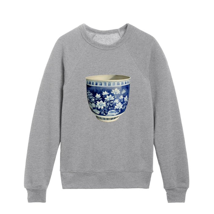 Indigo Study - Chinoiserie Blue and White Plant Pot Art Kids Crewneck